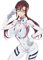 Rule 34 | 1girl, blue eyes, bodysuit, breasts, brown hair, covered navel, glasses, gloves, hair ornament, hairpods, hand on glasses, highres, impossible bodysuit, impossible clothes, ippo, large breasts, long hair, looking at viewer, makinami mari illustrious, neon genesis evangelion, plugsuit, shiny clothes, simple background, skin tight, twintails, white background