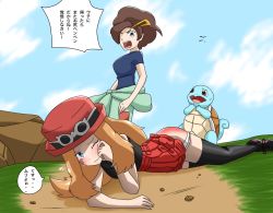 Rule 34 | !, 2girls, bird, black shirt, black thighhighs, blonde hair, blue skin, blush, brown hair, closed mouth, colored skin, creatures (company), crying, eyebrows, game freak, gen 1 pokemon, grace (pokemon), hat, humiliation, long hair, lying, mother (pokemon), multiple girls, nintendo, on ground, one eye closed, open mouth, panties, panty pull, pinkiri (jawking), pleated skirt, pokemon, pokemon (creature), pokemon xy, red skirt, rock, serena (pokemon), shirt, skirt, sleeveless, sleeveless shirt, spanked, squirtle, tail, tears, text focus, thighhighs, translation request, turtle, underwear, white panties