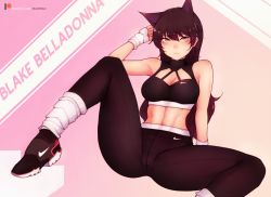 Rule 34 | 1girl, abs, alternate costume, animal ears, arm support, arm up, armpits, artist name, bare shoulders, black footwear, blake belladonna, bluefield, blush, breasts, brown hair, cameltoe, cat ears, cat girl, character name, cleavage, cleavage cutout, cleft of venus, closed mouth, clothing cutout, covered erect nipples, crop top, fingerless gloves, gloves, highres, knee up, leaning back, leg warmers, long hair, looking at viewer, medium breasts, navel, nike (company), pants, pink background, purple pants, rwby, shoes, sitting, sleeveless, solo, spread legs, tight clothes, tight pants, two-tone background, v-shaped eyebrows, very long hair, yellow eyes, yoga pants