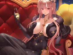 Rule 34 | 1girl, absurdres, azur lane, black cape, black dress, black gloves, blush, breasts, brown hair, cape, champagne flute, cleavage, clemenceau (azur lane), closed mouth, collarbone, couch, covered navel, cross, crown, cup, dress, drinking glass, dylanlin, elbow gloves, fur-trimmed cape, fur trim, gloves, gold choker, hair between eyes, highres, hip vent, holding, holding cup, jewelry, large breasts, long dress, long hair, looking at viewer, on couch, phonograph, red eyes, sidelocks, sitting, solo, sparkle, strapless, strapless dress, tight clothes, tight dress, window