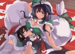 Rule 34 | 2girls, ahoge, black gloves, black serafuku, black skirt, blush, braid, breasts, brown eyes, brown hair, cleavage, closed mouth, fingerless gloves, gloves, hair between eyes, hair flaps, hat, kantai collection, large breasts, long hair, low twintails, multiple girls, neckerchief, open mouth, pleated skirt, purple hair, red eyes, red neckerchief, ryuuhou (kancolle), sack, santa costume, santa hat, school uniform, serafuku, shigure (kancolle), single braid, skirt, smile, sugue tettou, taigei (kancolle), thighhighs, twintails, twitter username, white legwear