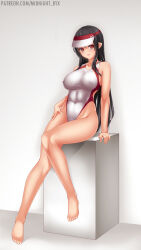 Rule 34 | 1girl, black hair, braid, competition swimsuit, covered erect nipples, covered navel, highleg, highleg swimsuit, highres, long hair, looking at viewer, midnight (banyex), multicolored clothes, multicolored swimsuit, one-piece swimsuit, open mouth, original, pointy ears, single braid, smile, solo, swimsuit, two-tone swimsuit, visor cap