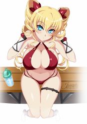 Rule 34 | 1girl, absurdres, adjusting hair, artist name, bare shoulders, bench, bikini, blonde hair, blue eyes, blush, bottle, breasts, claire harvey, closed mouth, collarbone, colorized, drill hair, drink, earrings, frown, gem, hair between eyes, hair ornament, hands up, highres, huge breasts, hundred (light novel), jewelry, joseph cereceda, kneehighs, knees together feet apart, looking at viewer, midriff peek, navel, nipples, o-ring, o-ring top, ookuma nekosuke, red bikini, sidelocks, simple background, sitting, socks, solo, string bikini, swimsuit, thigh gap, thigh strap, thighs, third-party edit, twintails, white background, wrist cuffs