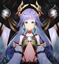 Rule 34 | 1girl, aqua eyes, arm ribbon, bare shoulders, blunt bangs, breasts, center opening, choker, circlet, clothing cutout, collarbone, commentary request, crowned by the world chalice, detached sleeves, detached wings, duel monster, flat chest, gold trim, hair flaps, headpiece, highres, ib (yu-gi-oh!), ib the world chalice justiciar, light frown, light particles, light purple hair, light rays, long hair, looking at viewer, navel, nukenin, purple hair, ribbon, sideboob, sidelocks, sky, solo, star (sky), starry sky, stomach cutout, upper body, white sleeves, wide sleeves, wings, yu-gi-oh!