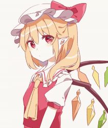 Rule 34 | animated, animated gif, ayatsuki sugure, blonde hair, blush, bow, flandre scarlet, frilled shirt collar, frilled wrist cuffs, frills, hat, mob cap, pointy ears, red bow, red eyes, red shirt, shirt, simple background, sweatdrop, touhou, white sleeves, wings, wrist cuffs, yellow neckwear