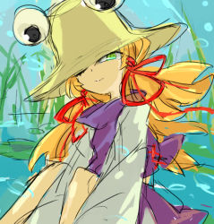 Rule 34 | 1girl, blonde hair, commentary request, green eyes, hair ribbon, hat, large hat, lily pad, long hair, looking at viewer, lowres, moriya suwako, notoro, pond, ribbon, sitting, smile, solo, touhou, water