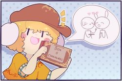 Rule 34 | 1girl, animal ears, blonde hair, blush stickers, box, box of chocolates, brown hat, closed eyes, commentary, dosh, english text, floppy ears, hat, heart, holding, open mouth, peaked cap, rabbit ears, ringo (touhou), seiran (touhou), short hair, short sleeves, smile, stick figure, touhou, | |