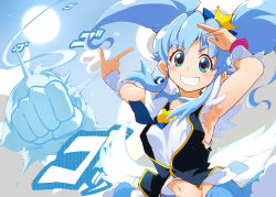 Rule 34 | 10s, 1girl, armpits, ashita wa hitsuji, blue background, blue eyes, blue hair, blue skirt, blush, brooch, crown, cure princess, earrings, eyelashes, grin, hair ornament, hair ribbon, happinesscharge precure!, happy, heart, heart brooch, highres, jewelry, long hair, looking at viewer, magical girl, matching hair/eyes, midriff, navel, open mouth, precure, ribbon, shirayuki hime, shirt, skirt, smile, solo, sun, twintails, vest, wrist cuffs