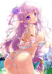 Rule 34 | 1girl, :o, ass, ass cutout, bikini, blurry, blurry background, blush, breasts, breasts out, butt crack, clothing cutout, elf, flower, frilled bikini, frills, grass, hair flower, hair ornament, highres, lake, large breasts, long hair, looking at viewer, looking away, looking back, magenta eyes, mikeou, open mouth, original, pink eyes, pink hair, pointy ears, purple flower, ribbon, sunlight, sweat, sweatdrop, swimsuit, very long hair, water, water drop, white background