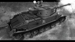 Rule 34 | 10s, 1girl, artist name, bad id, bad nicoseiga id, emblem, firing, frown, girls und panzer, grass, greyscale, harumiya hiro, highres, leopon (animal), letterboxed, military, military vehicle, monochrome, motor vehicle, nakajima (girls und panzer), ooarai (emblem), open mouth, outdoors, short hair, signature, solo, tank, tiger (p), twitter username, vehicle focus