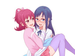 Rule 34 | 2girls, aida mana, blouse, blue eyes, blue hair, blush, dokidoki! precure, embarrassed, glasses, hand on another&#039;s cheek, hand on another&#039;s face, highres, hishikawa rikka, long hair, multiple girls, naughty face, open mouth, pink eyes, pink hair, pink shirt, precure, school uniform, shirt, short hair, skirt, smile, thighhighs, unpale, yuri