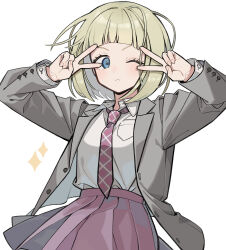 Rule 34 | 1girl, ;&lt;, blazer, blonde hair, blue eyes, blunt bangs, bob cut, breast pocket, closed mouth, collared shirt, commentary, double v, eyelashes, grey jacket, hands up, highres, hiyami aki, jacket, korean commentary, looking at viewer, nana 0253, necktie, pink necktie, pink skirt, pleated skirt, pocket, school uniform, shirt, shirt tucked in, short hair, simple background, skirt, upper body, v, white background, white shirt, world trigger