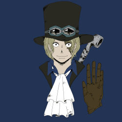 Rule 34 | 1boy, ascot, blonde hair, blue theme, color background, gloves, goggles, goggles on headwear, hat, male focus, one piece, pole, sabo (one piece), scar, simple background, solo, top hat