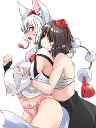 Rule 34 | 2girls, 5bvmkpkz0cntyta, animal ear fluff, animal ears, black hair, black skirt, blurry, blush, blush stickers, grabbing another&#039;s breast, commentary, detached sleeves, from side, grabbing, hand in panties, hat, highres, hug, hug from behind, inubashiri momiji, looking at another, looking back, multiple girls, no pants, no shirt, panties, pink panties, pointy ears, pom pom (clothes), red eyes, red headwear, sarashi, shameimaru aya, shirt, short hair, simple background, skindentation, skirt, sleeveless, sleeveless shirt, smirk, standing, tail, tokin hat, touhou, underwear, white background, white hair, white shirt, white sleeves, wolf ears, wolf tail, yuri