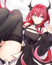 Rule 34 | 1girl, arknights, black thighhighs, breasts, chinese commentary, cleavage, commentary request, feet out of frame, hair between eyes, hair intakes, hand up, highres, horns, knees up, lingshalan, long hair, long sleeves, looking at viewer, medium breasts, partial commentary, purple eyes, red hair, solo, surtr (arknights), thigh strap, thighhighs, thighs