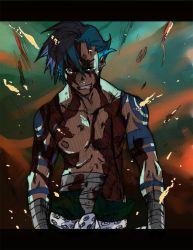 Rule 34 | 00s, bandages, blood, blue hair, bodypaint, injury, kamina (ttgl), letterboxed, male focus, manly, sarashi, solo, tehryu, tengen toppa gurren lagann, topless male