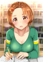 Rule 34 | 10s, 1girl, blush, bookshelf, breasts, brown eyes, brown hair, chair, cleavage, commentary request, hair ornament, hairclip, idolmaster, idolmaster cinderella girls, indoors, large breasts, library, looking at viewer, notebook, aged up, open mouth, pen, ryuzaki kaoru, sg (esujii), short hair, sitting, solo, table
