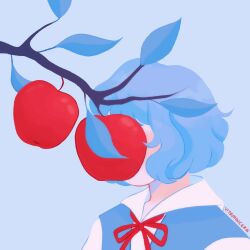 Rule 34 | 1girl, apple, artist name, ayanami rei, bad id, bad twitter id, blue background, blue dress, blue hair, branch, chinese commentary, commentary, covered face, dress, facing viewer, food, fruit, highres, leaf, neon genesis evangelion, red apple, school uniform, shirt, short hair, simple background, solo, tokyo-3 middle school uniform, upper body, vitamincera, white shirt