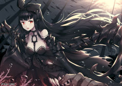 Rule 34 | 10s, 1girl, abyssal ship, air bubble, animal, arm at side, artist name, bare shoulders, between breasts, black bow, black hair, black skirt, blurry, bow, breasts, bubble, chain, choker, claws, coral, depth of field, detached sleeves, fish, floating hair, gauntlets, hair bow, jewelry, kantai collection, long hair, looking at viewer, miniskirt, open mouth, pleated skirt, red eyes, ring, seaplane tender princess, skirt, solo, spikes, tea cake, torn clothes, underwater, very long hair