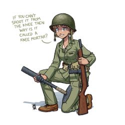 Rule 34 | 1girl, absurdres, blonde hair, boots, brown footwear, combat boots, dog tags, english text, green headwear, green pants, green shirt, gun, helmet, highres, holding, holding weapon, long sleeves, m50 reising, military, combat helmet, military uniform, mortar (weapon), original, ostwindprojekt, pants, shirt, smile, solo, submachine gun, type 89 grenade discharger, uniform, united states marine corps, weapon, white background, world war ii