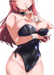 Rule 34 | 1girl, alternate costume, alternate hairstyle, animal ears, atlanta (kancolle), black leotard, breasts, brown hair, rabbit ears, cleavage, commentary request, detached collar, finger to mouth, head out of frame, index finger raised, kantai collection, large breasts, leotard, long hair, playboy bunny, simple background, solo, white background, wrist cuffs, yukiguni yuu