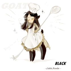Rule 34 | 1girl, alternate costume, animal ears, annoyed, arms behind back, black hair, centauroid, character name, chef hat, closed eyes, dress, dungeon meshi, facing viewer, frown, full body, furrowed brow, goat girl, hashtag-only commentary, hat, highres, ladle, long hair, long sleeves, minodreamland, monster girl, monsterification, parted bangs, rin (dungeon meshi), solo, standing, taur, white background, white dress, white hat