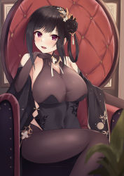 Rule 34 | 1girl, azur lane, bare shoulders, black dress, black flower, black hair, black rose, bodystocking, breasts, brown gloves, chair, chen hai (azur lane), chen hai (vestibule of wonders) (azur lane), china dress, chinese clothes, cleavage, cleavage cutout, clothing cutout, dress, elbow gloves, flower, gloves, highres, indoors, itaba atsushi, lace, lace-trimmed gloves, lace trim, large breasts, official alternate costume, pelvic curtain, purple eyes, rose, sitting, sleeveless, sleeveless dress, solo, taut clothes, taut dress