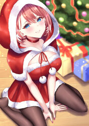 Rule 34 | 1girl, absurdres, blue eyes, breasts, christmas tree, cleavage, highres, hololive, hood, large breasts, looking at viewer, mary is mine, medium breasts, red hair, santa costume, sitting, smile, solo, takane lui, virtual youtuber