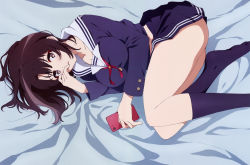 Rule 34 | 1girl, absurdres, ass, bare legs, bed, bed sheet, black hair, blue shirt, blue skirt, blue socks, breasts, brown eyes, cellphone, from above, hand to own mouth, highres, holding, holding phone, huge filesize, katou megumi, kneehighs, large breasts, legs, long legs, lying, medium hair, midriff peek, no shoes, official art, on side, open mouth, phone, pleated skirt, saenai heroine no sodatekata, school uniform, serafuku, shirt, skirt, smartphone, socks, solo, thighs