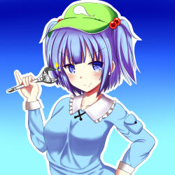 Rule 34 | 1girl, blue eyes, blue hair, blush, collarbone, dress, fingernails, gradient background, hair bobbles, hair ornament, hand on own hip, hat, kawashiro nitori, key, long sleeves, looking at viewer, matching hair/eyes, nail polish, pinky out, pocket, red nails, shirt, short hair, solo, sparkle, touhou, twintails, two side up, upper body, wrench, xgarasux