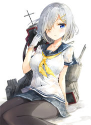 Rule 34 | 10s, 1girl, arm support, black pantyhose, blue eyes, breasts, cannon, fuumi (radial engine), gloves, hair ornament, hair over one eye, hairclip, hamakaze (kancolle), kantai collection, large breasts, machinery, neckerchief, one eye closed, pantyhose, parted lips, pleated skirt, sailor collar, school uniform, serafuku, short hair, silver hair, sitting, skirt, solo, turret, white background, white gloves, yellow neckerchief