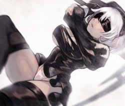 Rule 34 | 1girl, black dress, black thighhighs, blindfold, breasts, cleavage cutout, clothing cutout, covered erect nipples, death is 13, dress, gloves, hairband, large breasts, long sleeves, mole, mole under mouth, nier (series), nier:automata, panties, puffy long sleeves, puffy sleeves, short hair, solo, sword, thighhighs, torn clothes, underwear, weapon, white hair, 2b (nier:automata)