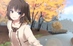 Rule 34 | 1girl, autumn, bad id, bad pixiv id, blurry, blush, brown eyes, brown hair, casual, day, depth of field, h@ll, long hair, looking at viewer, open mouth, original, outdoors, sky, smile, solo, tree, twintails, two side up, upper body, wallpaper