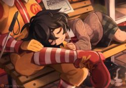 Rule 34 | 1girl, antenna hair, artist name, bench, black hair, blind girl&#039;s dog (popopoka), blind girl (popopoka), boots, cane, commentary, dog, english commentary, english text, freckles, hand on another&#039;s thigh, khyle., letter, lying, mcdonald&#039;s, on side, outdoors, patreon, patreon username, plaid, plaid skirt, red footwear, red legwear, ronald mcdonald, short hair, skirt, sleeping, sleeves past wrists, smile, socks, solo, striped clothes, striped legwear, striped socks, sweater, wing collar, yellow legwear
