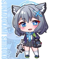 1girl :d absurdres animal_ear_fluff animal_ears assault_rifle bag black_footwear black_gloves blue_archive blue_background blue_bow blue_eyes blue_necktie blue_scarf blush bow character_name chibi commentary_request earrings fingerless_gloves fringe_trim full_body gloves green_gloves grey_hair grey_skirt gun hair_between_eyes hair_ornament highres holding holding_gun holding_weapon jewelry looking_at_viewer necktie open_mouth plaid_clothes plaid_skirt pleated_skirt rifle saishosaisekojo scarf shiroko_(blue_archive) shirt shoes sig_sauer_556 skirt smile socks solo standing two-tone_background weapon white_background white_shirt white_socks wolf_ears zoom_layer