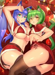 Rule 34 | 2girls, :o, absurdres, animal ear fluff, animal ears, antlers, aqua eyes, ass, asymmetrical docking, belt, bikini, black legwear, blue hair, breast press, breasts, brown belt, brown legwear, capelet, cat ears, cat girl, cat tail, christmas, clothes lift, fake antlers, fox ears, fox girl, fox tail, fur-trimmed capelet, fur-trimmed skirt, fur trim, fuyubare kiyo, green hair, hair between eyes, harukaze sui, highres, horns, kyu (wein-seria), large breasts, leg between thighs, lifted by self, long hair, looking at viewer, lying, micro bikini, microskirt, multiple girls, navel, on side, orange eyes, original, pleated skirt, pom pom (clothes), red bikini, red capelet, red skirt, short hair, side-tie bikini bottom, skirt, skirt lift, small breasts, sparkle, stomach, swimsuit, tail, thighhighs, thighs, two side up