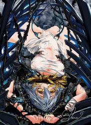 Rule 34 | 1girl, bandaged arm, bandages, breasts, cecilshine, code vein, commentary, commission, covered mouth, english commentary, eyelashes, hair between eyes, io (code vein), looking at viewer, medium breasts, nipples, no bra, no panties, pussy, see-through, short hair, silver hair, solo, spread legs, upside-down, wet, wet clothes, yellow eyes