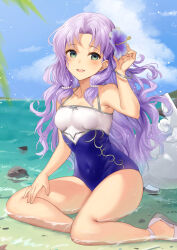 Rule 34 | 1girl, arm at side, bare arms, bare legs, bare shoulders, beach, beads, blue sky, breasts, cloud, covered navel, curly hair, day, fire emblem, florina (fire emblem), flower, green eyes, hair beads, hair flower, hair intakes, hair ornament, hand in own hair, hand on own leg, hand up, haru (nakajou-28), highres, leaning to the side, light blush, long hair, looking at viewer, nintendo, one-piece swimsuit, open mouth, outdoors, parted bangs, partially submerged, purple hair, sandals, shoes, sidelocks, sitting, sky, small breasts, smile, solo, swimsuit, two-tone swimsuit, water, wavy hair, white footwear, wristband, wristlet, yokozuwari