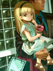 Rule 34 | 1boy, 1girl, bag, black jacket, blonde hair, blue dress, blue shirt, brown eyes, carrying, carrying person, child, dress, faceless, faceless male, finger to mouth, food, formal, hairband, highres, ice cream, ice cream cone, jacket, long hair, looking at viewer, necktie, original, sandals, sero3eta, shirt, short sleeves, suit