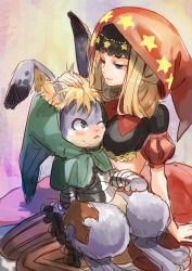 Rule 34 | 1boy, 1girl, armor, bad id, bad pixiv id, blonde hair, blue eyes, blush, cornelius (odin sphere), furry, furry male, furry with non-furry, highres, hood, interspecies, long hair, nao (17123512), nao (kanamori24), odin sphere, pooka (odin sphere), sitting, sitting on lap, sitting on person, thighhighs, velvet (odin sphere)