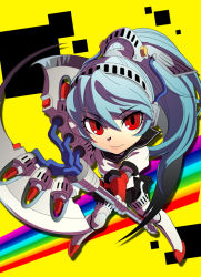 Rule 34 | 1girl, android, aqua hair, armor, atlus, axe, bad id, bad pixiv id, battle axe, blue hair, chibi, cyborg, headphones, jinkai yamizawa, joints, labrys (persona), lips, long hair, looking at viewer, persona, persona 4, persona 4: the ultimate in mayonaka arena, pleated skirt, ponytail, rainbow, red eyes, ringed eyes, robot joints, school uniform, serafuku, simple background, skirt, smile, solo, very long hair, weapon, yellow background