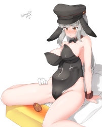 Rule 34 | 1boy, 1girl, absurdres, animal ears, bare legs, black bow, black bowtie, black headwear, black leotard, bow, bowtie, breasts, cameltoe, cleavage, dated, detached collar, easter egg, egg, facial scar, gangut (kancolle), gangut dva (kancolle), girl on top, grey hair, hat, highres, kantai collection, large breasts, leotard, long hair, maru (marg0613), peaked cap, playboy bunny, rabbit ears, red eyes, scar, scar on cheek, scar on face, simple background, straddling, strapless, strapless leotard, t-head admiral, twitter username, white background, wrist cuffs