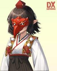 Rule 34 | 1girl, :d, absurdres, alternate costume, black hair, black skirt, breasts, closed eyes, commentary request, happy, hat, highres, japanese clothes, kimono, knuo dx, leaf print, long sleeves, mask, open mouth, pointy ears, pom pom (clothes), red hat, sash, shameimaru aya, short hair, simple background, skirt, small breasts, smile, solo, tengu mask, tokin hat, touhou, white background, white kimono, wide sleeves