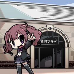 Rule 34 | 1girl, arm at side, black thighhighs, blue skirt, blue sky, blunt bangs, bow, bowtie, brown hair, building, cevio, chibi, contrapposto, day, glass door, jacket, long hair, long sleeves, looking at viewer, lowres, moyasiwhite, natsuki karin, open clothes, open jacket, open mouth, otaru (hokkaido), outdoors, pleated skirt, pointing, pointing forward, purple bow, purple bowtie, purple eyes, real world location, second-party source, shirt, skirt, sky, sliding doors, smile, solo, standing, synthesizer v, thighhighs, twintails, white shirt