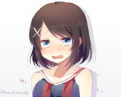 Rule 34 | 10s, 1girl, bare shoulders, brown hair, crying, crying with eyes open, hair ornament, harusawa, kantai collection, looking at viewer, maya (kancolle), neckerchief, open mouth, sailor collar, school uniform, serafuku, shirt, short hair, simple background, sleeveless, sleeveless shirt, solo, tears, twitter username, upper body, white background