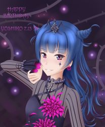 Rule 34 | 1girl, alternate hairstyle, artist name, artist request, black detached collar, black dress, black sky, blue hair, blush, breasts, butterfly wings, cloud, detached collar, double bun, dress, drill hair, earrings, facial mark, female focus, flower, flower earrings, hair bun, highres, insect wings, jewelry, long hair, looking at viewer, love live!, love live! school idol festival, love live! sunshine!!, miniskirt, new romantic sailors, new romantic sailors (love live!), night, night sky, outdoors, parted lips, pink eyes, plaid, plaid dress, pleated, pleated dress, purple eyes, purple flower, skirt, sky, small breasts, smile, solo, sparkle, sparkle print, star (sky), teeth, tiara, tsushima yoshiko, upper body, vertical-striped sleeves, wings