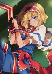 Rule 34 | 1girl, :|, alice margatroid, blonde hair, blue dress, blue eyes, bound, bound arms, breasts, capelet, carpet, closed mouth, commentary request, dress, expressionless, eyelashes, feet out of frame, frilled hairband, frilled ribbon, frills, hairband, highres, ichimura kanata, lace trim, light, lolita hairband, looking at viewer, lying, medium breasts, on floor, on side, puffy short sleeves, puffy sleeves, red hairband, red neckwear, red ribbon, ribbon, short hair, short sleeves, solo, touhou, waist sash, white capelet