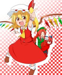 Rule 34 | 3girls, :d, = =, ascot, beret, black bow, blonde hair, blue bow, blush, bow, braid, cape, checkered background, chinese clothes, crystal, fang, finger gun, flandre scarlet, foreshortening, hair bow, hat, hat ribbon, high collar, hong meiling, long sleeves, looking at viewer, mob cap, multiple girls, open mouth, pointing, pointing at viewer, puffy short sleeves, puffy sleeves, red eyes, red hair, red ribbon, ribbon, sekibanki, short hair, short sleeves, side ponytail, smile, star (symbol), sumiya nadateru, sweat, touhou, twin braids, wings, wrist cuffs