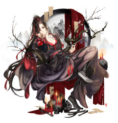Rule 34 | 1boy, bishounen, black footwear, black hair, black robe, bone, boots, branch, candle, chinese clothes, closed mouth, collarbone, commentary request, dizi, fire, flute, hair ribbon, hand up, hanfu, high ponytail, highres, holding, holding instrument, hori airi, instrument, jar, long hair, long sleeves, looking at viewer, male focus, modao zushi, paper, parted bangs, ponytail, red eyes, red ribbon, ribbon, robe, sash, sidelocks, simple background, skull, smile, solo, tassel, transverse flute, very long hair, wei wuxian, white background, wide sleeves