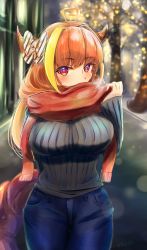 Rule 34 | 1girl, absurdres, ahoge, alternate costume, arm behind back, blurry, bow, breasts, casual, christmas lights, cold, covered mouth, cowboy shot, denim, depth of field, dragon horns, dragon tail, eyelashes, feweryen, grey sweater, hand up, highres, hololive, horn bow, horn ornament, horns, jeans, kiryu coco, large breasts, long hair, looking at viewer, multicolored eyes, multicolored hair, night, orange hair, outdoors, pants, ribbed sweater, road, scarf, solo, streaked hair, street, sweater, tail, very long hair, virtual youtuber, winter